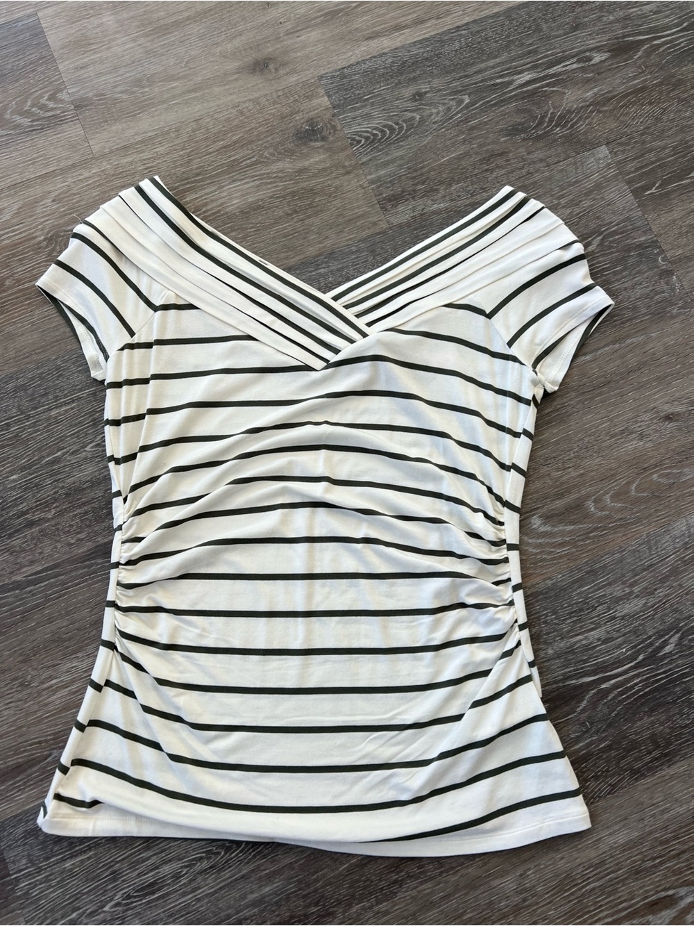 White House Black Market White and Black Striped Off-Shoulder Short Sleeve Top